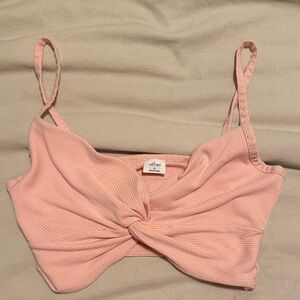 Aritzia Blush Ribbed Twist Crop Top